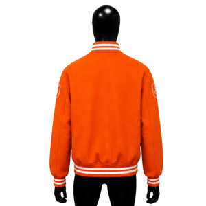 PREMIUM ORANGE VARSITY <b>JACKET</b> FOR <b>MEN</b> With <b>White</b> Geometric Pattern On Sleeves Turn-down Collar Casual Style STYLISH DAILY WEAR - Product Image 2