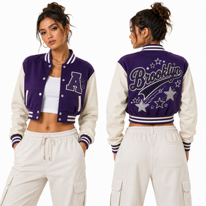 Chaqueta Varsity Corta Personalizada para Mujer, Cuerpo de Lana, Mangas de Cuero, Estilo Universitario Vintage, Venta al Por Mayor, Marca Privada, Directo de Fábrica OEM - Product Image 6