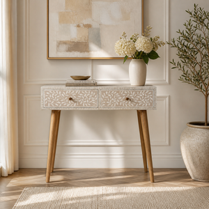 Table console moderne en os incrusté, avec deux tiroirs, table d'entrée, table de canapé, bureau d'appoint à structure en bois pour salon et hôtel - Product Image 1