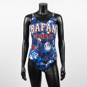 Traje de baño premium de 240 GSM de poliéster y spandex con tejido interlock, estampado gráfico azul, logotipo personalizado, traje de baño para mujer. - Product Image 1