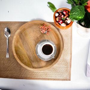 12 Inch Acacia Wooden Round Serving <b>Tray</b> <b>Table</b> Decorative Food Storage Platters With Handles for Kitchen Bathroom Living Room - Product Image 3