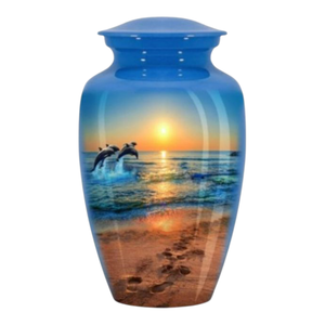Urne funéraire artisanale en métal pour cendres humaines - Cendres de cérémonie Ocean Beach Sunset Dolphin pour adultes - Product Image 1