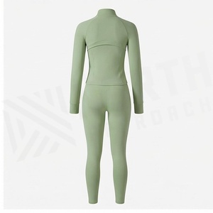 NA 2 Piece Yoga <b>Set</b> Full Length Zipper Front Solid <b>Green</b> Sweat Wicking <b>Gym</b> Wear Women's Sportswear - Product Image 2