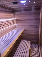 Nouveau design de sauna extérieur de grande taille, sauna sec en bois thermo-traité/hemlock avec poêle à vapeur infrarouge lointain pour 4 à 6 personnes