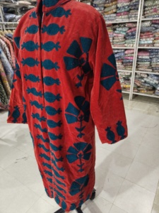 <b>Women</b> Red Velour <b>Robe</b> Long Sleeve Mandarin Collar Geometric Print Full Length Winter Cozy Zipper Fly Soft Machine Washable - Product Image 3