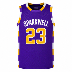 Maillot de basket-ball Sparkwell violet et jaune 23, débardeur en maille sublimée, unisexe, col rond, sans manches, respirant - Product Image 1