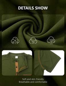 Camiseta Henley de Manga Corta para Hombre, Color Verde Oliva, Corte Regular, Ribete en Contraste, Antiarrugas, Tejido de Punto Casual - Product Image 4