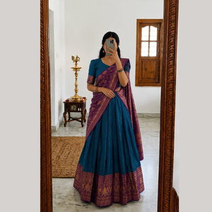 Lichi Silk Jacquard Zari Border <strong>Ready</strong> <strong>to</strong> <strong>Wear</strong> <strong>Lehenga</strong> Choli With Banarasi Dupatta Full Stitched Half <strong>Saree</strong> By Royal Export - Product Image 1