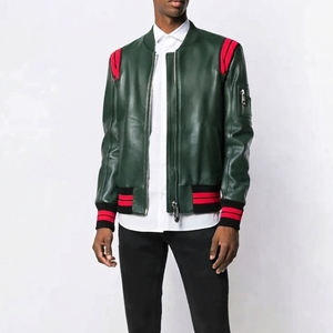 Blouson aviateur en cuir pour homme, rouge, à rayures, avec fermeture éclair, col montant, style moto, automne, uni - Product Image 3