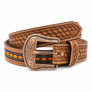 <b>Mens</b> Brown <b>Western</b> Leather <b>Belt</b> Beaded Embossed Cowboy Waist <b>Belt</b> Engraved Buckle Wholesale Custom Supplier for Jeans Wear Daily - Product Image 5