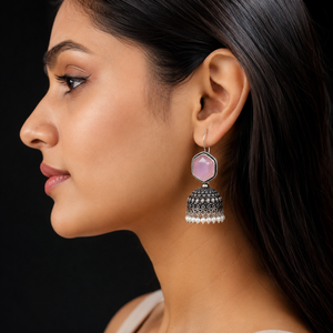 OEM ODM Oxidized <b>Silver</b> Pink Stone Jhumka <b>Earrings</b> Indian Ethnic Jewelry Manufacturer Exporter - Product Image 4