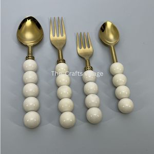 Luxury Gold Stainless Steel Cutlery <b>Set</b> White Beaded Handle <b>Spoon</b> <b>Fork</b> <b>Set</b> Premium Flatware Dining Utensils Wedding Tableware - Product Image 2