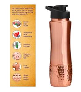 <b>Copper</b> Water <b>Bottle</b> With Flip Up Lid Reusable Handmade Ayurvedic <b>Drinking</b> Flask For Travel And Outdoor Use - Product Image 1