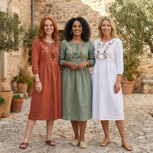 Robe midi en lin et coton brodée de fleurs pour femmes, élégante, bohème, ethnique, décontractée, manches 3/4, col rond, coupe évasée, kurti d'été - Product Image 1