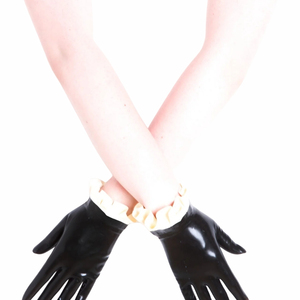 Black <b>Sheepskin</b> Leather Elbow-Length <b>Gloves</b> with Cream Ruffle Trim Retro Style Unlined for Winter Party Casual Wear - Product Image 5