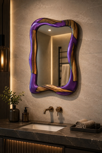 Modern Irregular Rustic Rectangle Wood Resin Mirror Wall Mount Handmade Home Decor Bathroom Art <b>Frame</b> Purple Brown Durable - Product Image 2