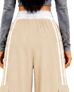 Pantalon de jogging cargo beige à jambes larges pour femme, taille haute, avec cordon de serrage, poches latérales, style streetwear décontracté, coupe ample - Product Image 6