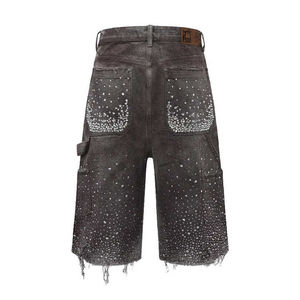 Shorts cargo en jean déchiré pour homme, ornés de strass sur toute la surface, avec poches à sequins, ourlet déchiré, style punk, pour l'été - Product Image 2