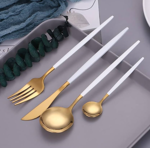 White Handle <b>Gold</b> Stainless Steel Cutlery Set <b>Kitchen</b> Dining Flatware Set Metal <b>Accessories</b> Wholesale - Product Image 5