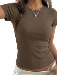 T-shirt court côtelé marron pour femme, à manches courtes, col rond, coupe ajustée, tricoté, style minimaliste, pour le printemps et l'été - Product Image 3