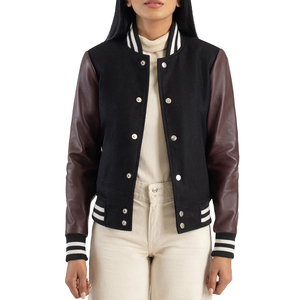 Unisex Varsity Jacket Black PU Leather Sleeve Stripes Turn-<b>down</b> Collar Regular Fit Casual Autumn Wear - Product Image 5