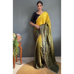DISEÑADOR CHINON SEDA JARKAN DIAMANTE TRABAJO LISTO PARA USAR SAREE CON BLUSA DESCOSADA AMARILLO - Product Image 1
