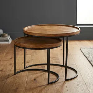 Modern Handmade Round Wooden Side <b>Table</b> with Iron Legs <b>Nesting</b> Design Rajasthan Living Room Furniture - Product Image 4