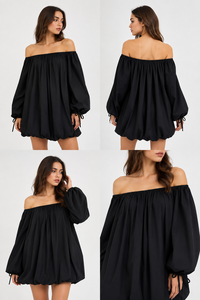Robe décontractée exclusive pour femme en mousseline noire tissée, coupe ample, épaules dénudées, manches longues bouffantes, ourlet ballon, tenue de tous les jours - Product Image 4