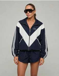 ONTEN <b>Women's</b> Navy White 2 in 1 Color Block Sporty Lightweight 100% Polyester Tracksuit Set Windproof Zip-Up Jacket & <b>Shorts</b> - Product Image 1