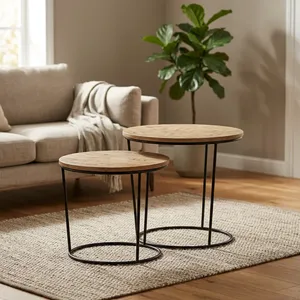 Modern Wood Top Nesting <b>Coffee</b> <b>Tables</b> Set Of 2 <b>Round</b> <b>Black</b> Metal Frame Living Room Furniture - Product Image 5