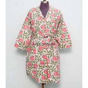 100% Pure Cotton Bohemian Straight Floral Print Long Dress <b>Bell</b> Sleeves Hand Block Printed V-Neck Midi Size Shirt Casual Summer - Product Image 2