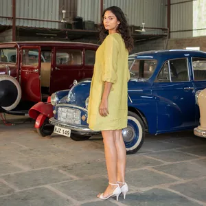 Robe midi décontractée en coton et lin pour femmes, manches 3/4, col rond, coupe ample, confortable, tenue d'été - Product Image 3