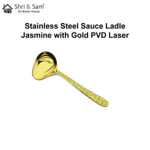 Louche à sauce en acier inoxydable pour desserts, revêtement PVD doré et design jasmin au laser - Product Image 3