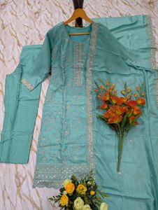 Women's Vichitra Silk Embroidered Ankle-Length <b>Kurta</b> Set Matching Bottom Dupatta Traditional Regular Fit Wrinkle Free Party Wear - Product Image 3
