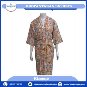 Bata Kimono de Algodón con Estampado Floral para Mujer, Cuello en V, Manga Tres Cuartos, Estilo Casual para Primavera, Tejido Suave, Lavado a Mano - Product Image 2