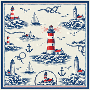 Serviette de table en coton imprimé de qualité supérieure avec motif phare nautique – Serviette de table maritime côtière avec voiliers, ancres et mouettes - Product Image 4