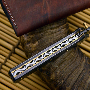 มีดพับเหล็กดามัสกัส ใบมีดทรงดรอปพอยต์ ปุ่มหมุนเปิด-ปิด มีดพกพา - Product Image 6