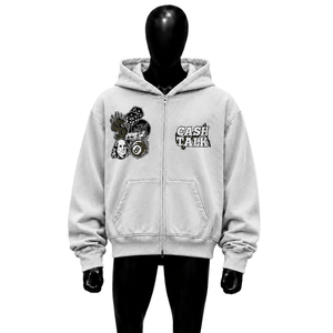 Sudadera con capucha con cremallera PREMIUM LIGHT GREY GRAPHIC CASH TALK, de forro polar oversize, informal, de color liso, de longitud regular, de algodón tejido, para otoño. - Product Image 2