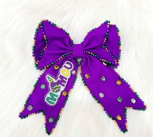 Ligero y versátil, lazo para el cabello de satén bicolor de Mardi Gras, morado y verde festivo con pedrería, lazos para el cabello de cola larga para festivales. - Product Image 4
