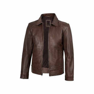 Chaqueta de Cuero Genuino para Hombre – Chaqueta de Motociclista Casual Ajustada de Color Marrón Personalizada para Venta al por Mayor - Product Image 1