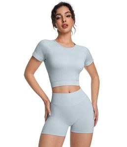 <b>Womens</b> Workout Sets 2 Piece Solid Summer Casual Outfits Scrunch Butt Shorts Crew Neck T-shirt Matching Set For Gym Running Yoga - Product Image 6
