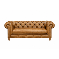 Canapé Chesterfield en cuir véritable trois places, dossier capitonné, accoudoirs roulés, pieds en bois, style traditionnel, canapé de salon, canapé en cuir