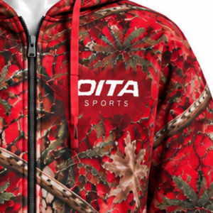 Red Nature Print Full <b>Zip</b> <b>Hoodie</b> Mens Outdoor Hooded Sweatshirt with Drawstring Kangaroo <b>Pockets</b> Casual Winter Streetwear Top - Product Image 6