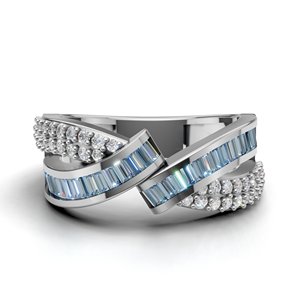 18K Gold <b>Blue</b> Baguette Cut Statement <b>Ring</b> with Double Row Round Pave Stones Luxury Fashion <b>Ring</b> - Product Image 1
