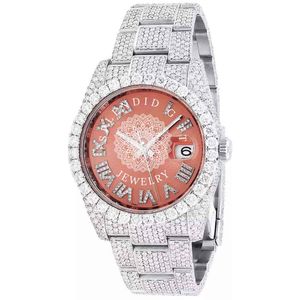 Montre en diamant pour homme, analogique, quartz, bracelet argent/moissanite, cadran à chiffres romains, 28 mm, cristal saphir, mouvement ETA, résistance à l'eau 10 m - Product Image 3