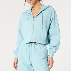 Custom Women Light Blue <b>Zip</b> <b>Up</b> Hoodie <b>Cropped</b> Drop Shoulder Oversized Athletic Casual Blank Jacket Sweatshirt - Product Image 1