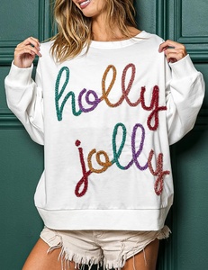 Autumn Casual Pullover for <b>Women</b> Glitter Letter Print <b>Christmas</b> Crewneck Hoodie Custom Size Plain Dyed Technique - Product Image 1