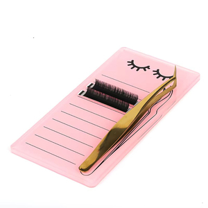 Pink Acrylic Eyelash Tile with Lines Printed Lash Extension Palette <b>Holder</b> Cute Lash Strip Board Organizer with Gold Tweezers - Product Image 1