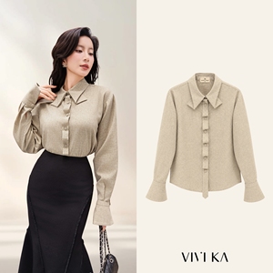 เสื้อเชิ้ตแขนยาวผู้หญิง ดีไซน์หรูหรา คอปกแบบพับได้ SELVA ผ้ายืดสแปนเด็กซ์/โพลีเอสเตอร์ คอปกแบบพับลง ผ้าเนื้อเรียบ ยับยาก เหมาะสำหรับฤดูใบไม้ร่วง - Product Image 1