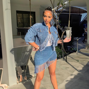 Ensemble crop top en jean pour femme, détails franges, bleu délavé, 2 pièces, tenue décontractée d'été - Product Image 4